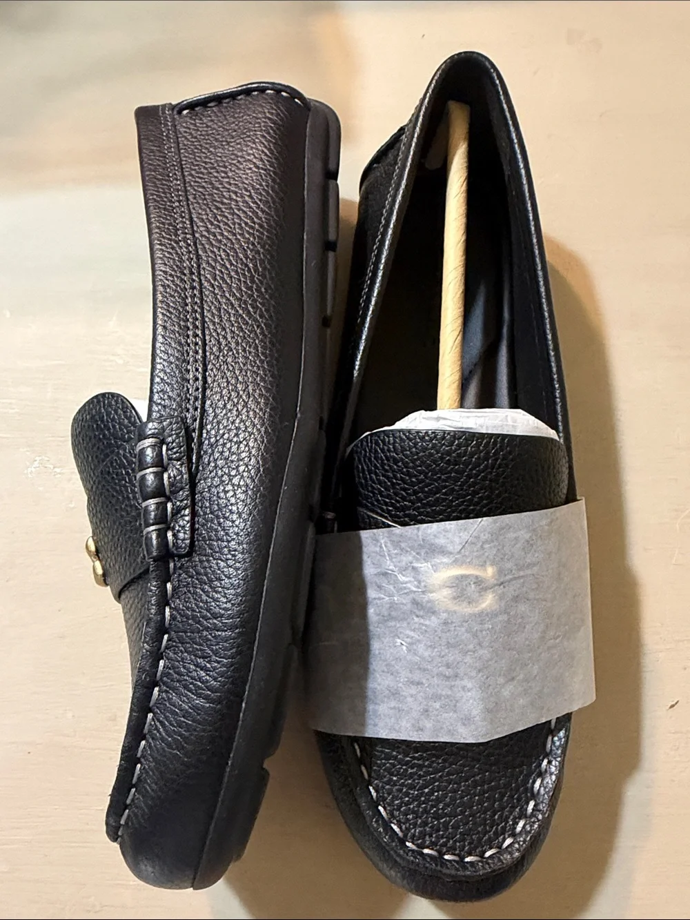 Coach Black Pebble Leather Loafers with Gold 'C' Accent